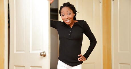 Sylphlike black cutie Brie Dawn in fancy shorts denudes tiny tits and hot ass 